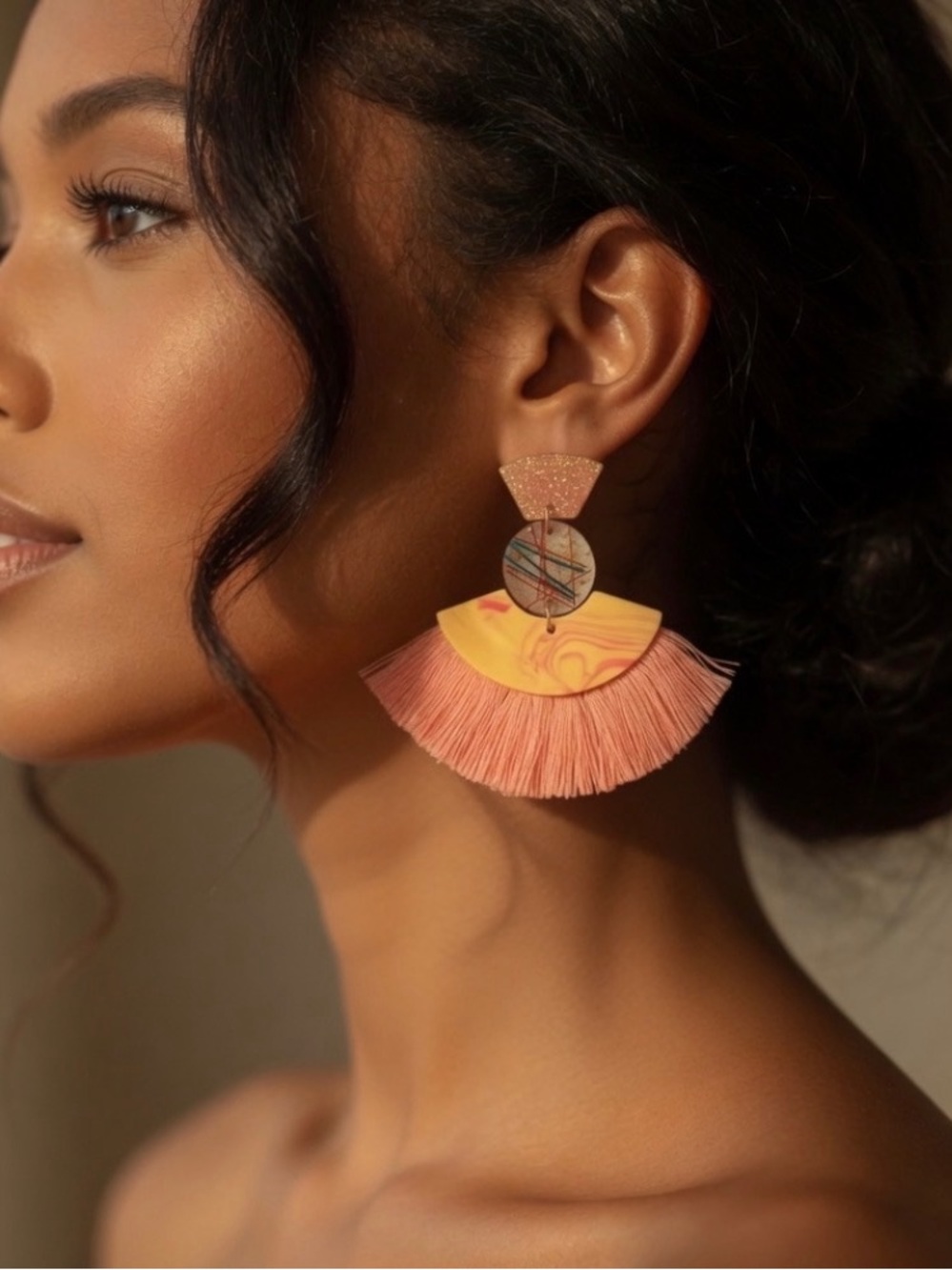 Jillian Michel Coral & Yellow Statement Fringe Earrings